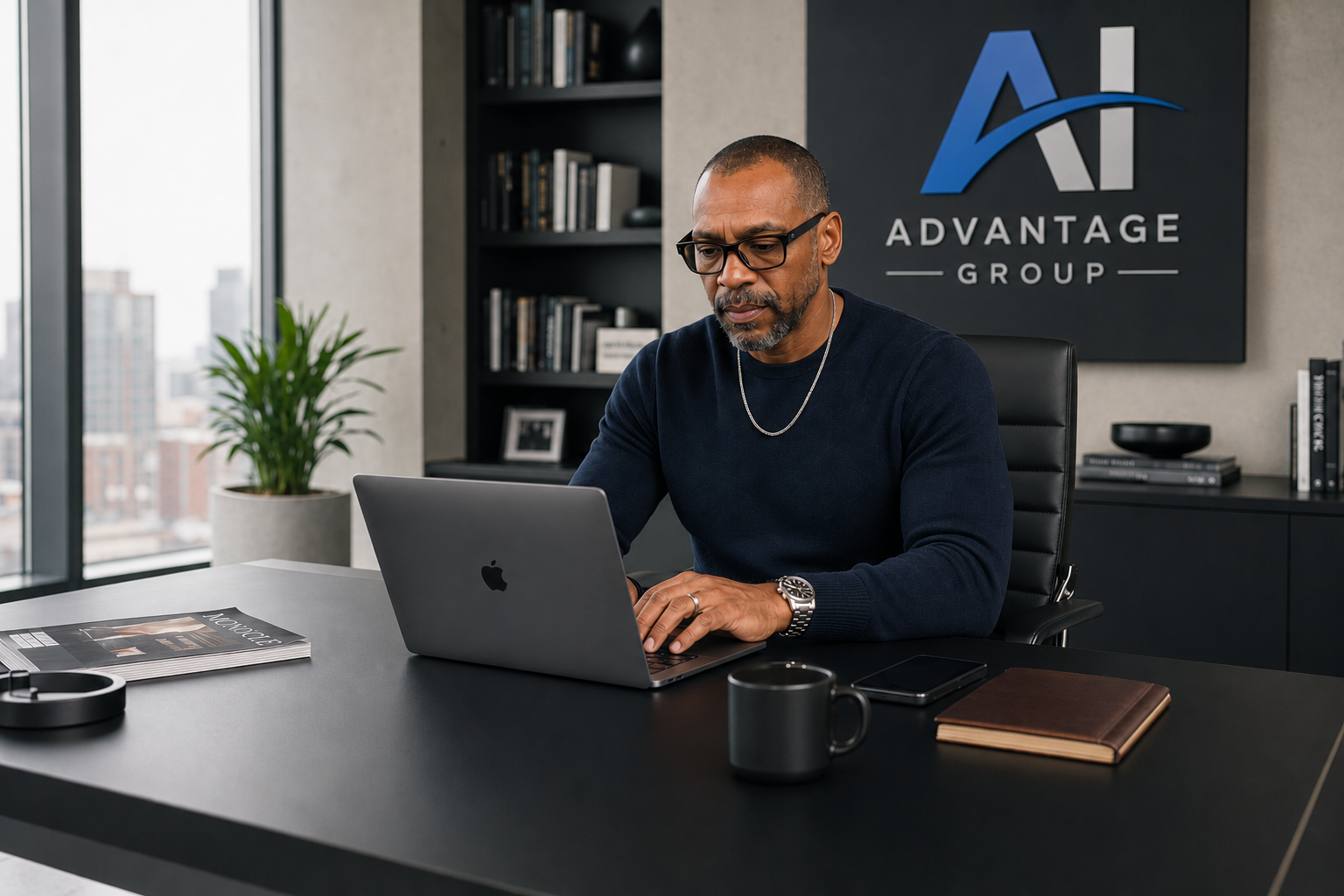 Founder of AI Advantage Group working on a laptop in a modern executive office